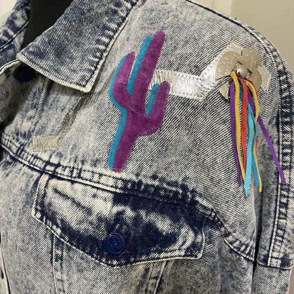 Vintage Opal Jean‎ Jacket Denim Wolf Moon Cactus Fringe Western NWT 80s 90s RARE - Picture 8 of 14